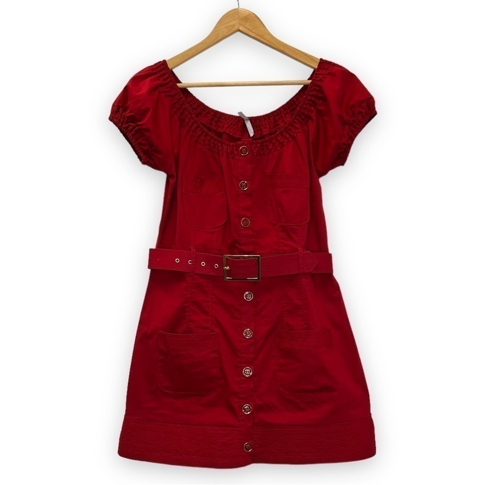 Max Rave Button Front Belted Dress Medium M Vintage y2k Red Retro 90s